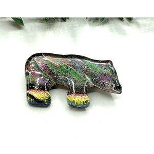 Dichroic Glass Bear Brooch Pin Multicolor Artisan Jewelry Unique Gift